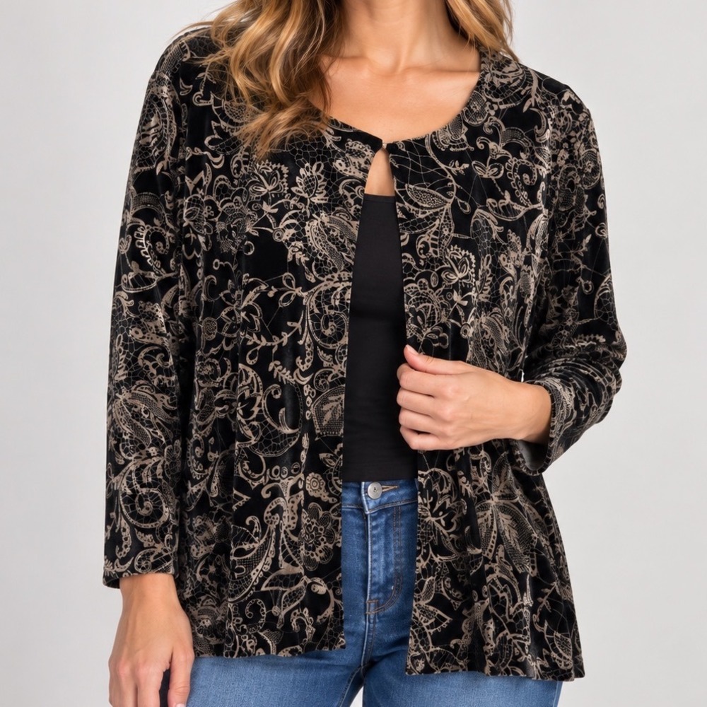 Vintage Briggs New York Petite Medium Black Gold Velvet Burnout Cardigan Top